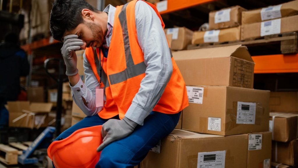 Homem trabalhador estressado em armazém, refletindo os riscos psicossociais no ambiente de trabalho.