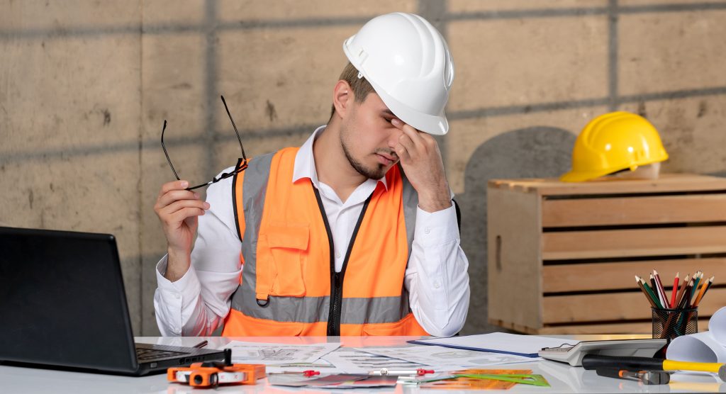 Engenheiro ou técnico de segurança em capacete e colete laranja, visivelmente estressado e cansado em sua mesa de trabalho, reforçando a importância da gestão de riscos psicossociais na nr1.