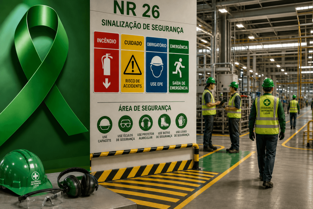 Placa de sinalização de segurança NR 26 em fábrica com equipamentos de proteção individual (capacete verde, óculos e protetor auricular) e trabalhadores em coletes de segurança amarelos em área industrial