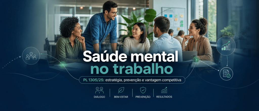 Equipe reunida em conversa aberta no escritório, ilustrando o tema saúde mental no trabalho e o PL 1305/25: estratégia, prevenção e vantagem competitiva